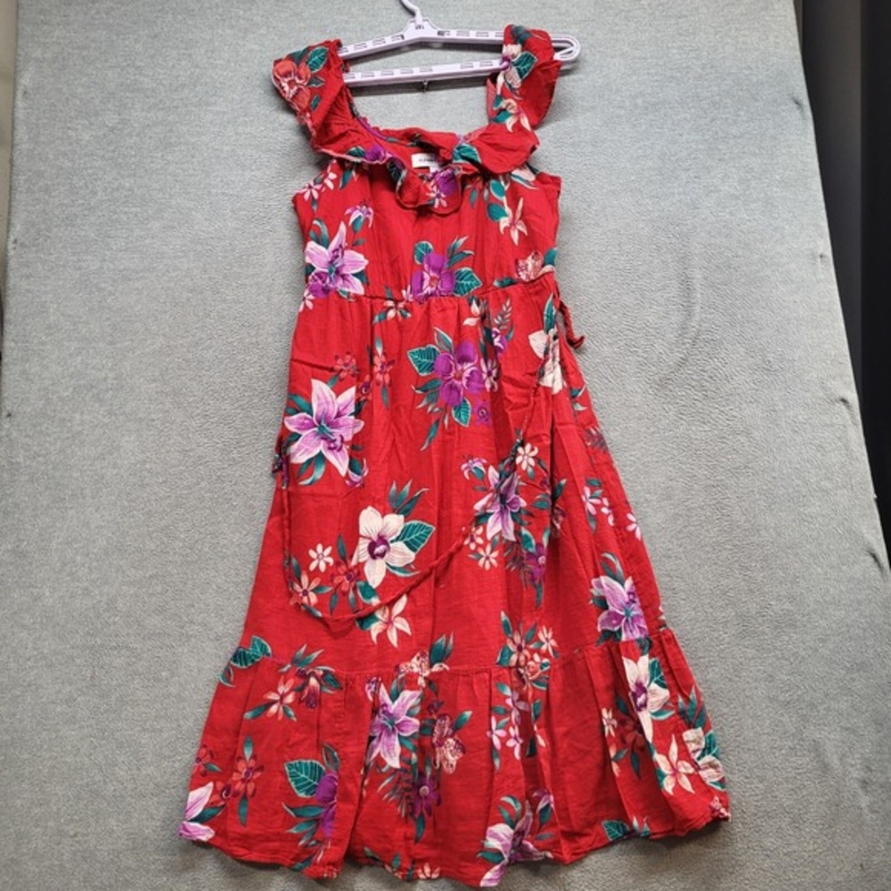 Old Navy Women Dress Medium Red Floral Ruffle Slub Weave Tie Belt Midi